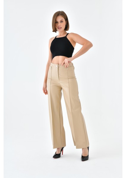 Kadın Deri Pantolon Beige 30634