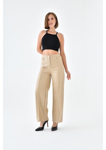 Kadın Deri Pantolon Beige 30634 fiyatları