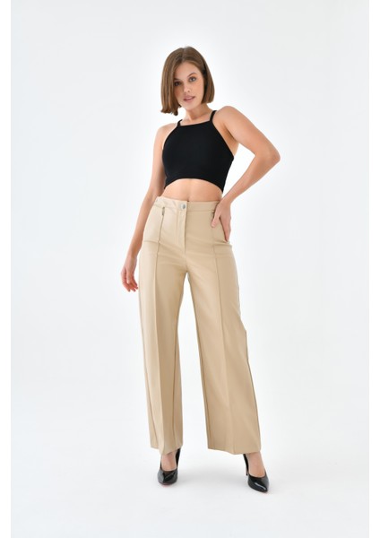 Kadın Deri Pantolon Beige 30634 fırsatları