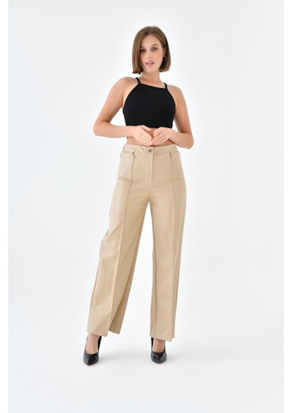 Kadın Deri Pantolon Beige 30634 indirimleri