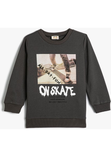 Sweatshirt Kaykay Baskılı Uzun Kollu Bisiklet Yaka Şardonlu