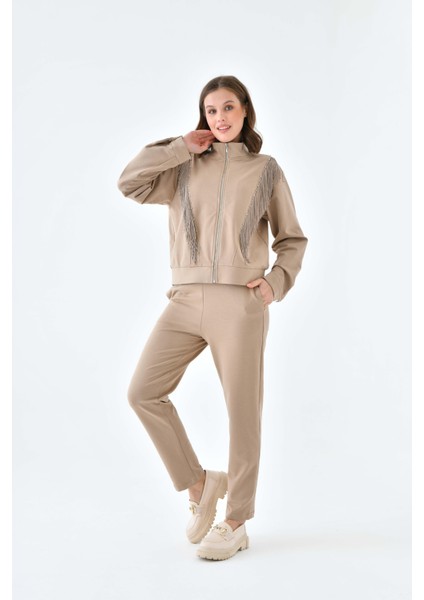 Kadın İki İp Püsküllü Takım Beige 30637