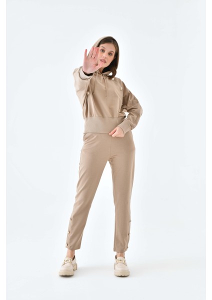 Kadın İki İp Düğme Detaylı Takım Beige 30640 fırsatları