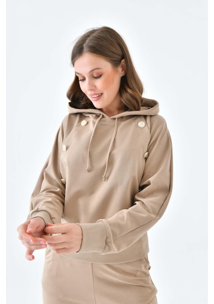 Kadın İki İp Düğme Detaylı Takım Beige 30640 indirimleri