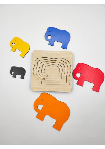 Montessori Katmanlı Puzzle, Tak-Çıkar, Eğitici Puzzle (Fil)
