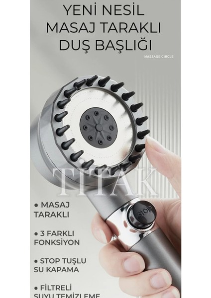 Duş Başlığı Masajlı Filtreli Stop Tuşlu 3 Fonksiyonlu
