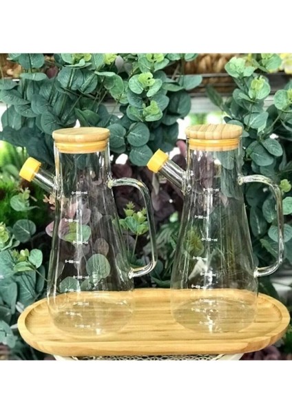 Bambu Kapalı Vakumlu Borosilikat Yağdanlık Seti 900 ml 2 Adet , Bambu Altlık