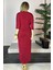 G0526 Drape Detaylı V Yaka Tasarım Elbise Bordo 2