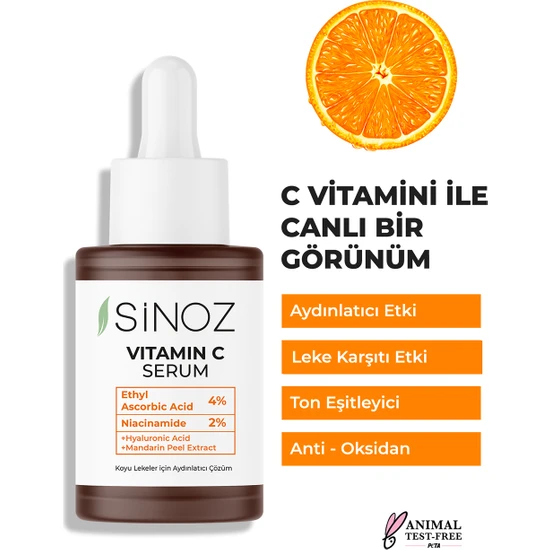 Sinoz Ton Eşitleyici Aydınlatıcı Vitamin C %4 Niacinamide %2 Yüz Serumu 30 ml Tüm Ciltler Için