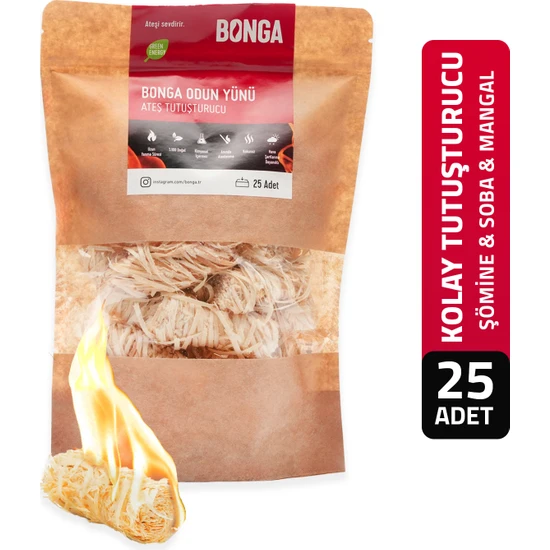 Bonga Mangal ve Ateş Tutuşturucu 25 Adet 350 gr - Jel Ve Çıra Alternatifi Doğal Odun Yünü