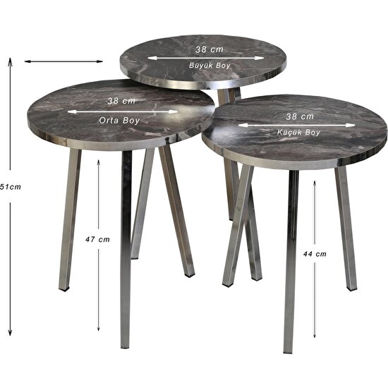 3 LÜ ZİGON SEHPA Vionessa Furniture ROUND COFFE TABLE METAL P20 LEGS COVE SILVER COSMO