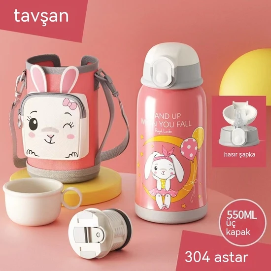 Three Beans Yüksek Değerli 550ML Çift Katmanlı Çocuk Termos Şişesi Dış Mekan Seyahat Karikatür Bardağı 316 Paslanmaz Çelik Termos Bardak, Saman Yalıtımlı Bardak (Yurt Dışından)