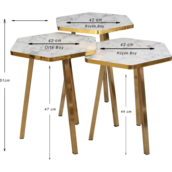 3 LÜ ZİGON SEHPA Vionessa Furniture HEXAGON COFFE TABLE METAL P20 LEGS COVE GOLD CARRE
