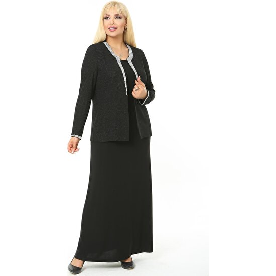 Ladies First Büyük Beden 3729 Siyah Gümüş Abiye Ceket+Elbise Takım