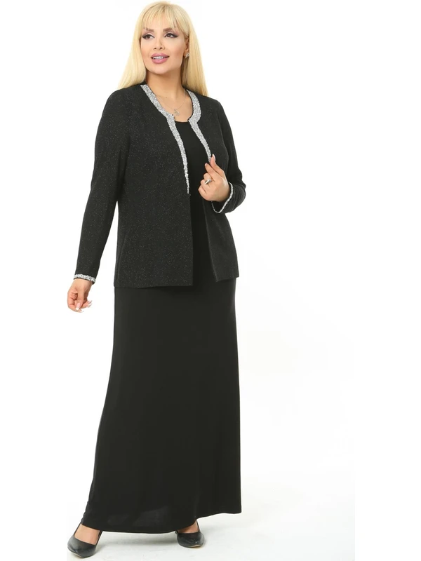 Ladies First Büyük Beden 3729 Siyah Gümüş Abiye Ceket+Elbise Takım