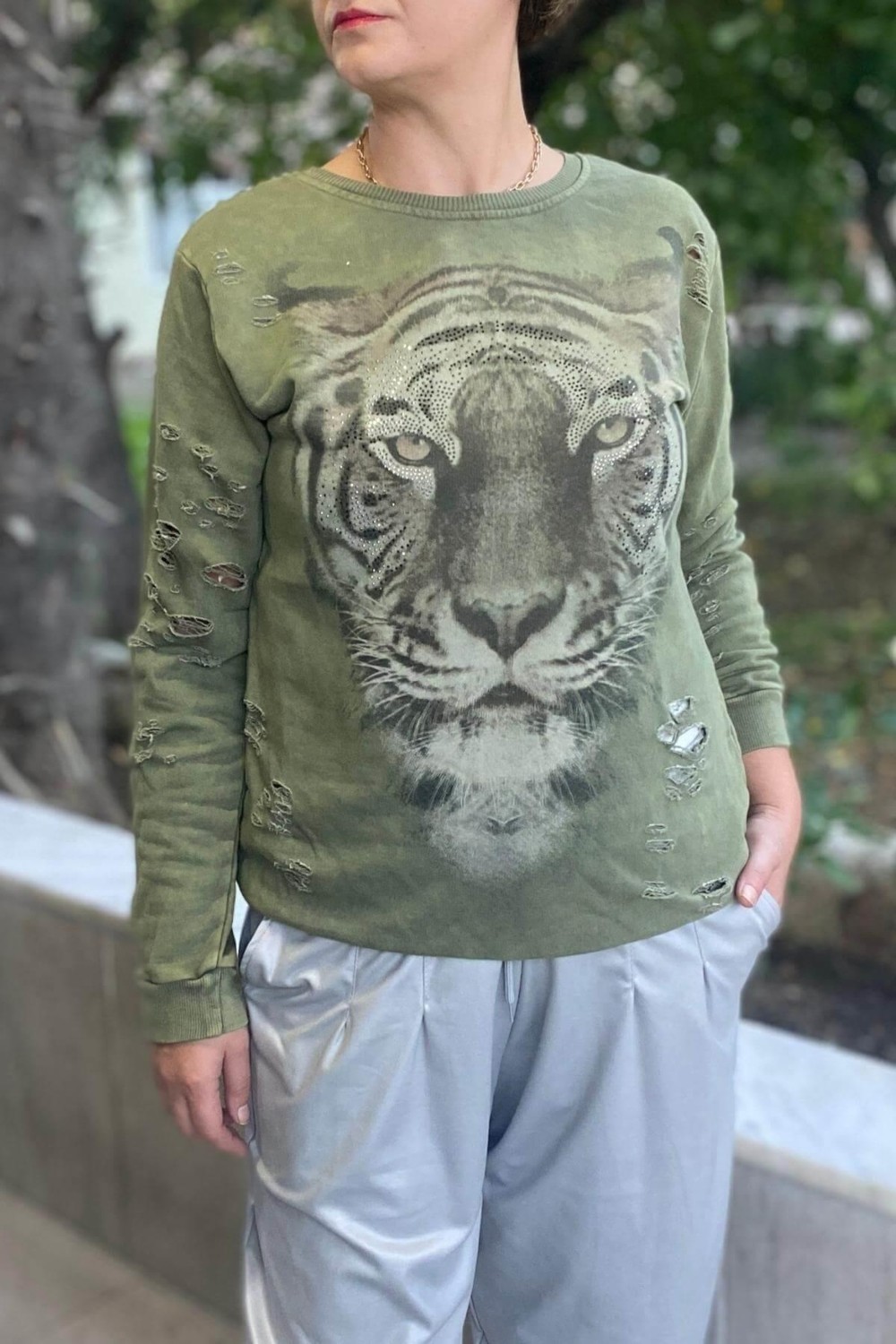 Mia Butik Kadın Haki Kaplan Desenli Sweat