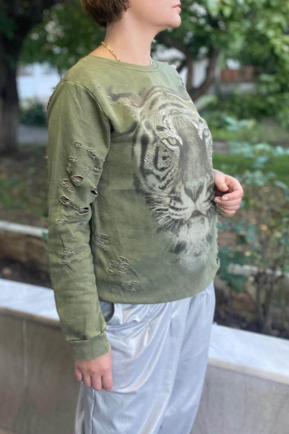 Mia Butik Kadın Haki Kaplan Desenli Sweat görsel 2