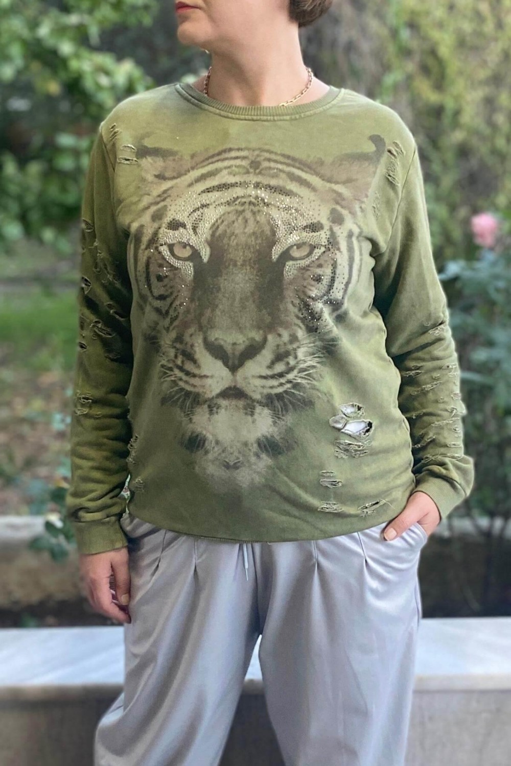 Mia Butik Kadın Haki Kaplan Desenli Sweat görsel 4