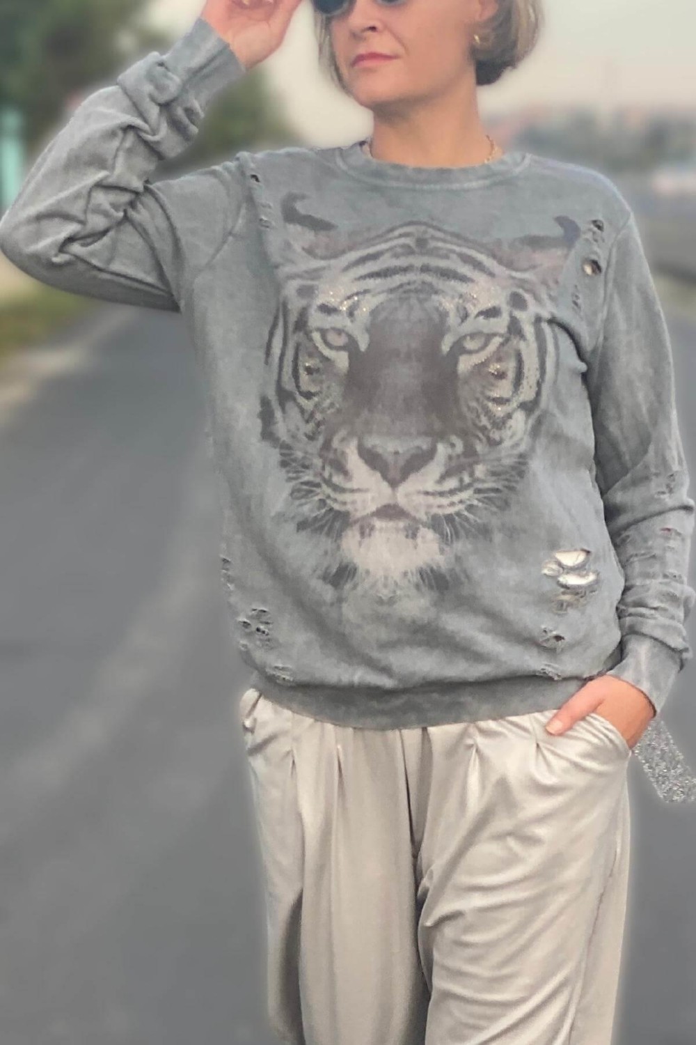 Mia Butik Kadın Gri Kaplan Desenli Sweat