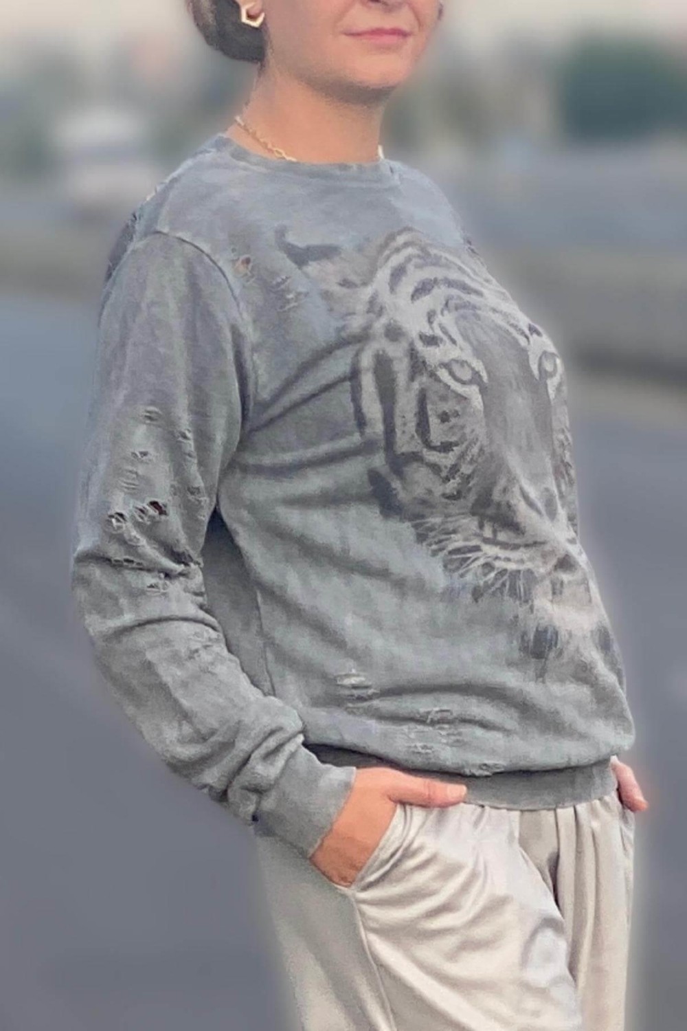 Mia Butik Kadın Gri Kaplan Desenli Sweat görsel 2