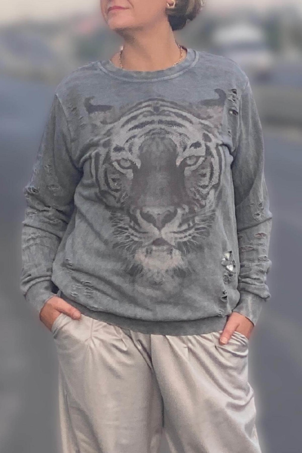 Mia Butik Kadın Gri Kaplan Desenli Sweat görsel 3
