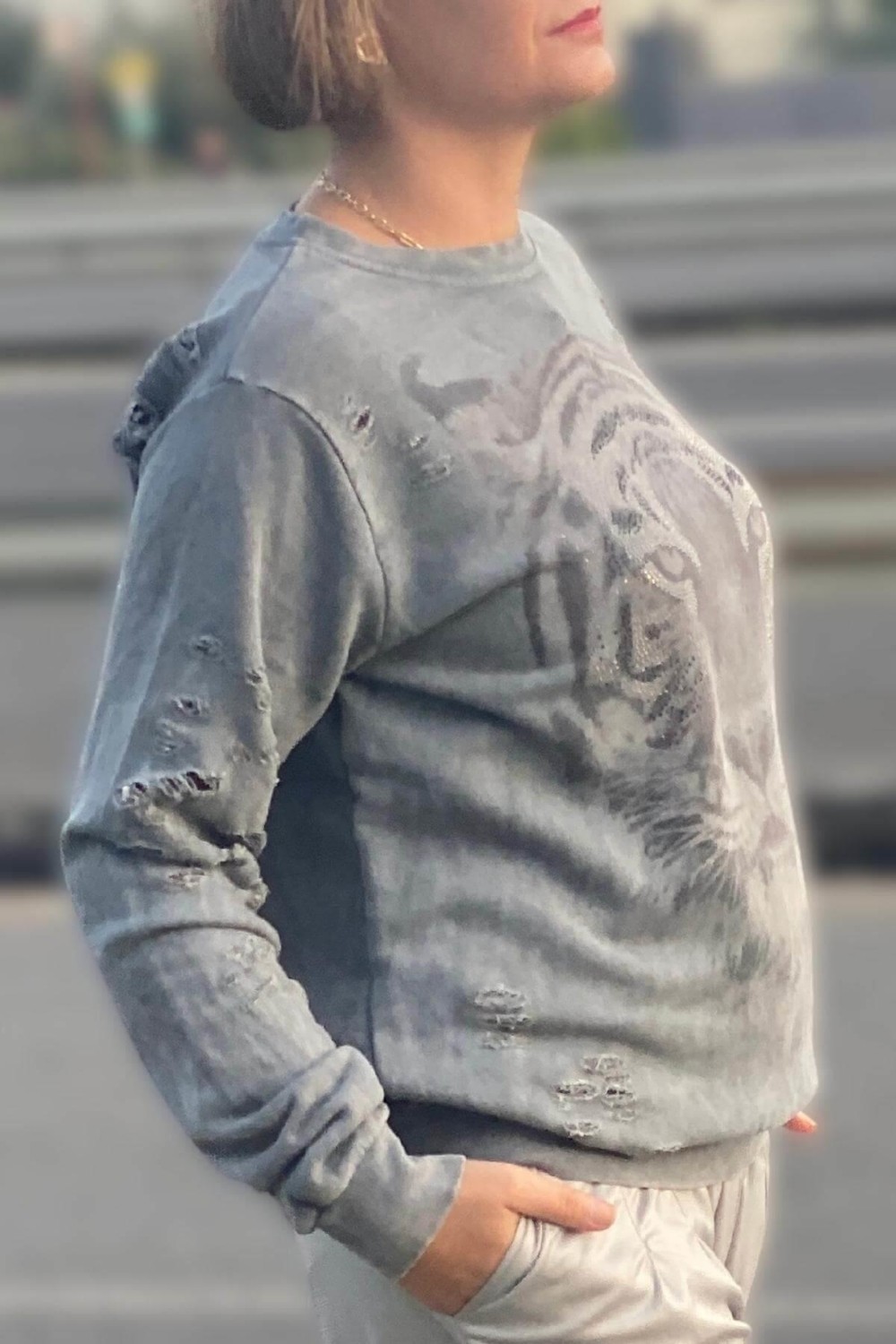 Mia Butik Kadın Gri Kaplan Desenli Sweat görsel 4