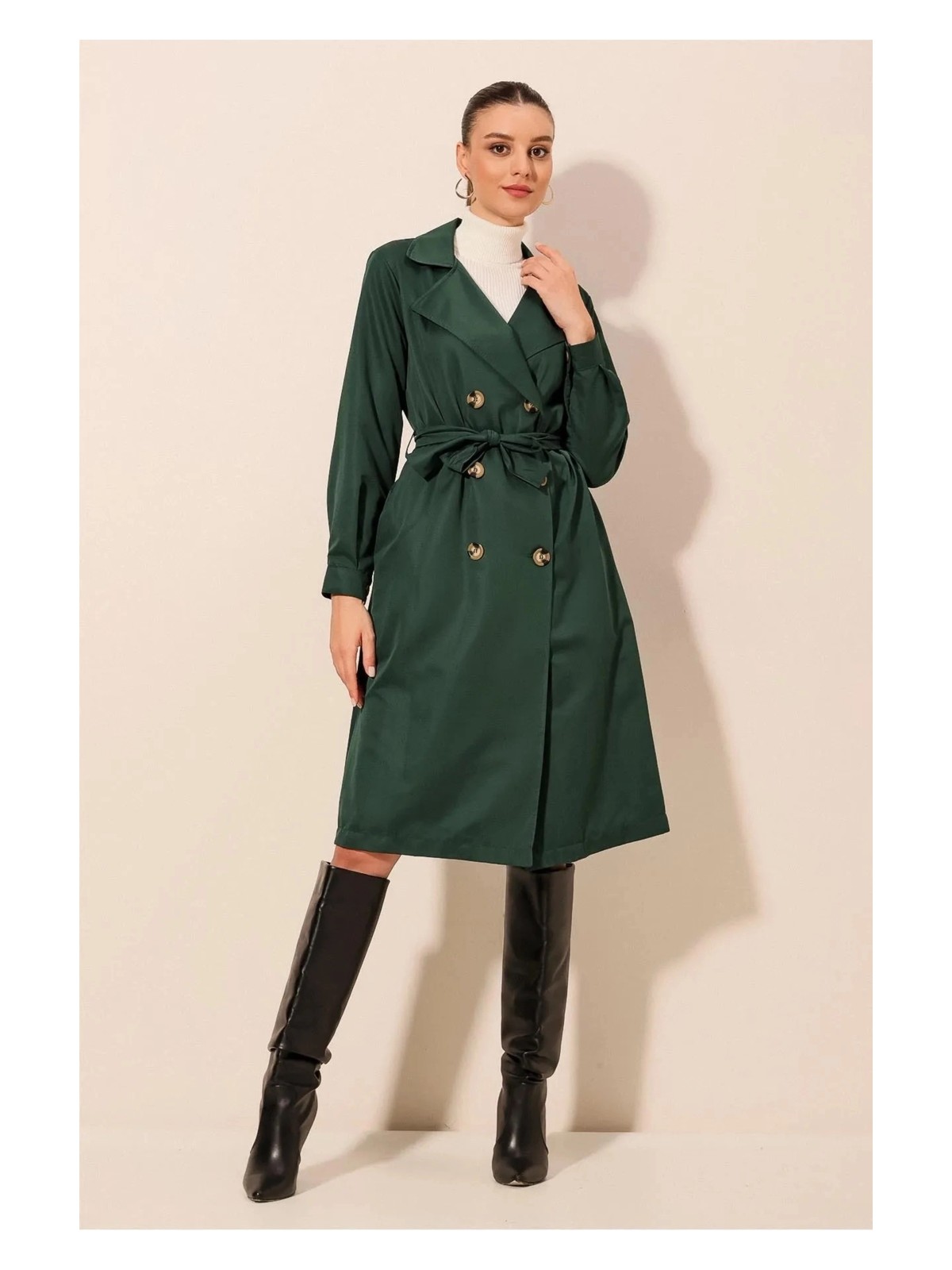 Hazelin Kadın Oranj Kruvaze Yaka Kemerli Astarsız Mevsimlik Rahat Trençkot HZL22S-BD158531 - Görsel 4