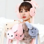 Tarz Çocuk Peluş Tavşan Hareketli Oynar Kulaklı Çocuk Kulak Isıtıcı Koruyucu - Koyu Pembe