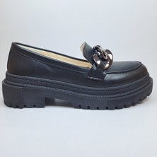 Podyum Kadın Siyah Zincirli Kalın Taban Loafer Makosen Ayakkabı Zincir Loafer