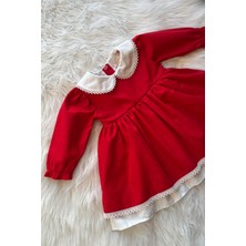 Bertuğ Bebek Dantel Detaylı Bebe Yaka Kız Çocuk Bebek Pamuklu Kırmızı Beyaz Elbise