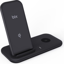 Bix Bxmw1 2’si 1 Arada iPhone 12/13/14/15 Apple Watch Uyumlu Akıllı Telefon ve Tws Kulaklıklar Için 15W Qi Kablosuz Şarj Cihazı Stand Siyah