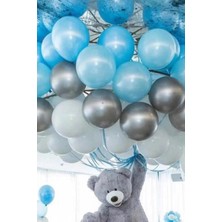 Party Fantasy 60 Adet Metalik Açık Mavi - Beyaz - Gümüş Gri Helyumla Uçabilen Balon Parlak Sedefli