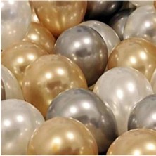Party Fantasy 80 Adet Metalik Sedefli Gold-Gümüş Gri-Beyaz Balon