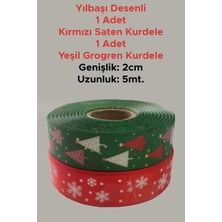 Netsan Etiket 2cm x 5mt Yılbaşı Desenli Kırmızı Saten Kurdele + Yeşil Grogren Kurdele
