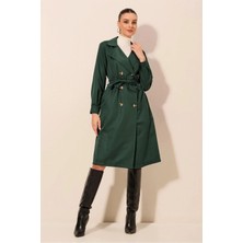 Hazelin Kadın Zümrüt Kruvaze Yaka Kemerli Astarsız Mevsimlik Rahat Trençkot HZL22S-BD158531