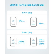 Anker 20W USB-C + USB-A Çift Portlu Şarj Cihazı - A2348 - Beyaz (Anker Türkiye Garantili)