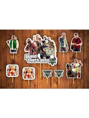 Atölye7 Tasarım 9 Adet Gta 5 Karakterleri Trevor Franklin Michael Kürdanlı Cupcake Pasta Süsü Süsleme Kalın Kağıt