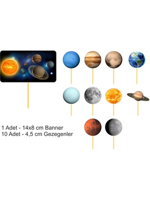 Atölye7 Tasarım Gezegenler 11 Adet Özel Kesim Hazır Pasta Kürdanı Üstü Süsü Hd Tek Taraf Kalın