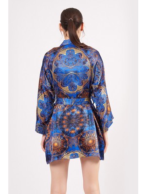 Nomads Felt Saf İpek Kısa Kimono Kaftan Mandala Desen 3 Saks