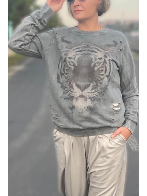 Mia Butik Kadın Gri Kaplan Desenli Sweat