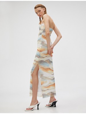 Koton Uzun Elbise Straplez Yırtmaçlı Batik Detaylı Korse Görünümlü