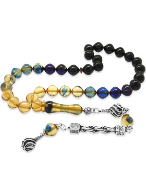 Tesbihname Kararmaz Metal Halat Püsküllü İstanbul Kesim Süzme Mavi-Beyaz Ateş Kehribar Tesbih