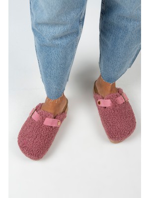 Manijero Juno Kadın Tekstil Kürklü Deri Kemerli Tokalı Lila Terlik