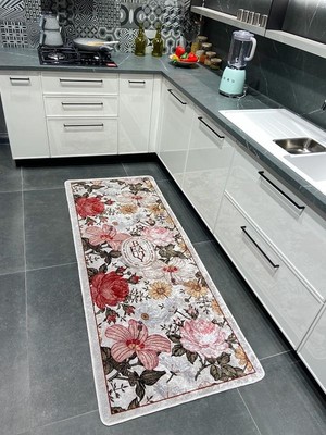 Brillant Çiçek Desenli Rowan Model Lateks Deri Taban Kitchen Mutfak Halısı