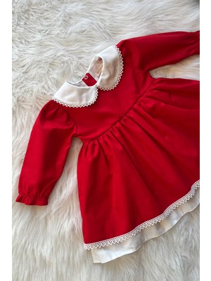 Bertuğ Bebek Dantel Detaylı Bebe Yaka Kız Çocuk Bebek Pamuklu Kırmızı Beyaz Elbise