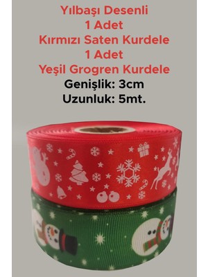 Netsan Etiket 3cm x 5mt Yılbaşı Desenli Yeşil Saten Kurdele + Kırmızı Grogren Kurdele