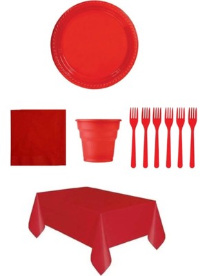 Kırmızı Renk Plastik Tabak, Bardak, Çatal, Peçete ve Tek Kullanımlık Masa Örtüsü Seti