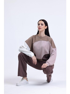 Pulur.co Camel Parçalı Bisiklet Yaka Sweatshirt