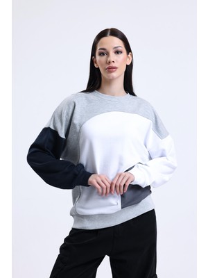 Pulur.co Gri Melanj Parçalı Bisiklet Yaka Sweatshirt