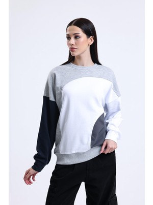 Pulur.co Gri Melanj Parçalı Bisiklet Yaka Sweatshirt